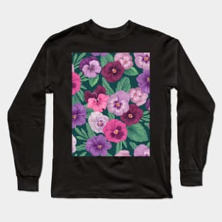 Colorful pansies on dark greenish blue Long Sleeve T-Shirt